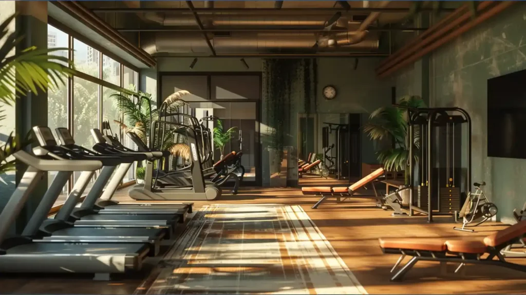 A well-lit, modern gym interior with treadmills, weight benches, and various exercise equipment, complemented by green plants and large windows.