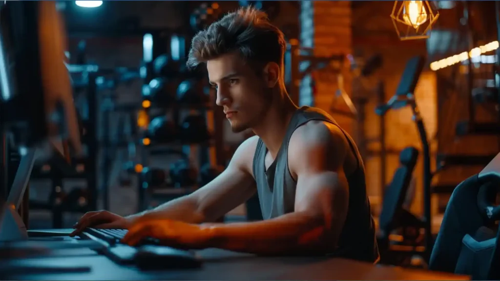 A focused man in a gym setting, wearing a sleeveless shirt and working on a computer, blending physical fitness with work responsibilities.