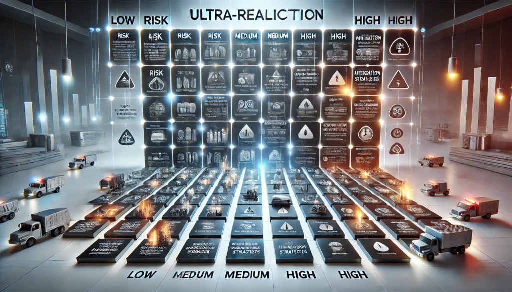 An ultra-realistic illustration of a risk assessment matrix, showing potential risks and their mitigation strategies, with sections for low, medium, and high risks in a modern, professional setting.