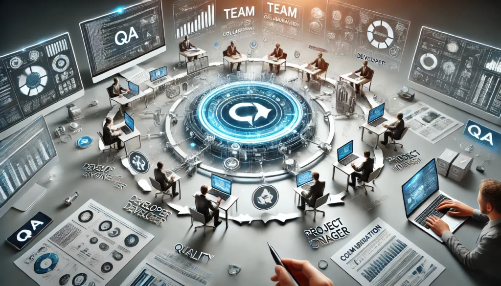 A detailed, ultra-realistic illustration depicting a team collaboration in the Quality Assurance process. Various roles such as QA Engineers, Developers, Project Managers, and Product Owners are shown working together in a modern office setting with digital screens displaying charts and data.