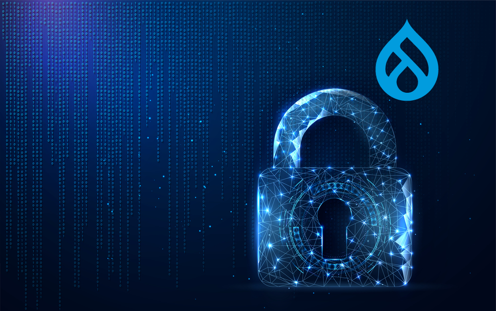 A digital illustration of a padlock composed of glowing blue lines and nodes, with the Drupal logo in the top right corner, set against a background of falling binary code.