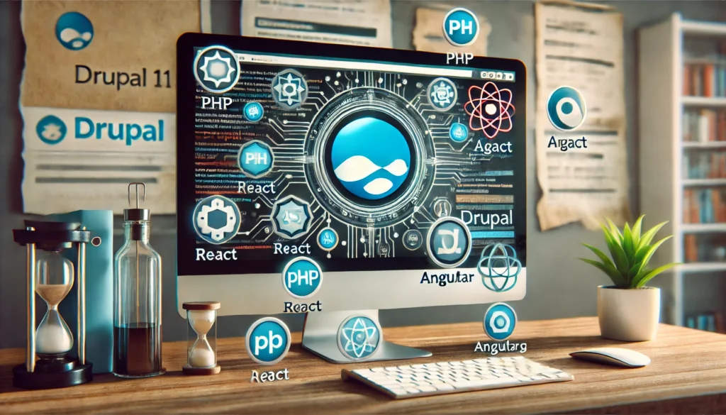 A computer screen showing a modern CMS interface with the Drupal logo and icons of PHP, React, Angular, and other contemporary technologies, highlighting the importance of compatibility with modern tools.
